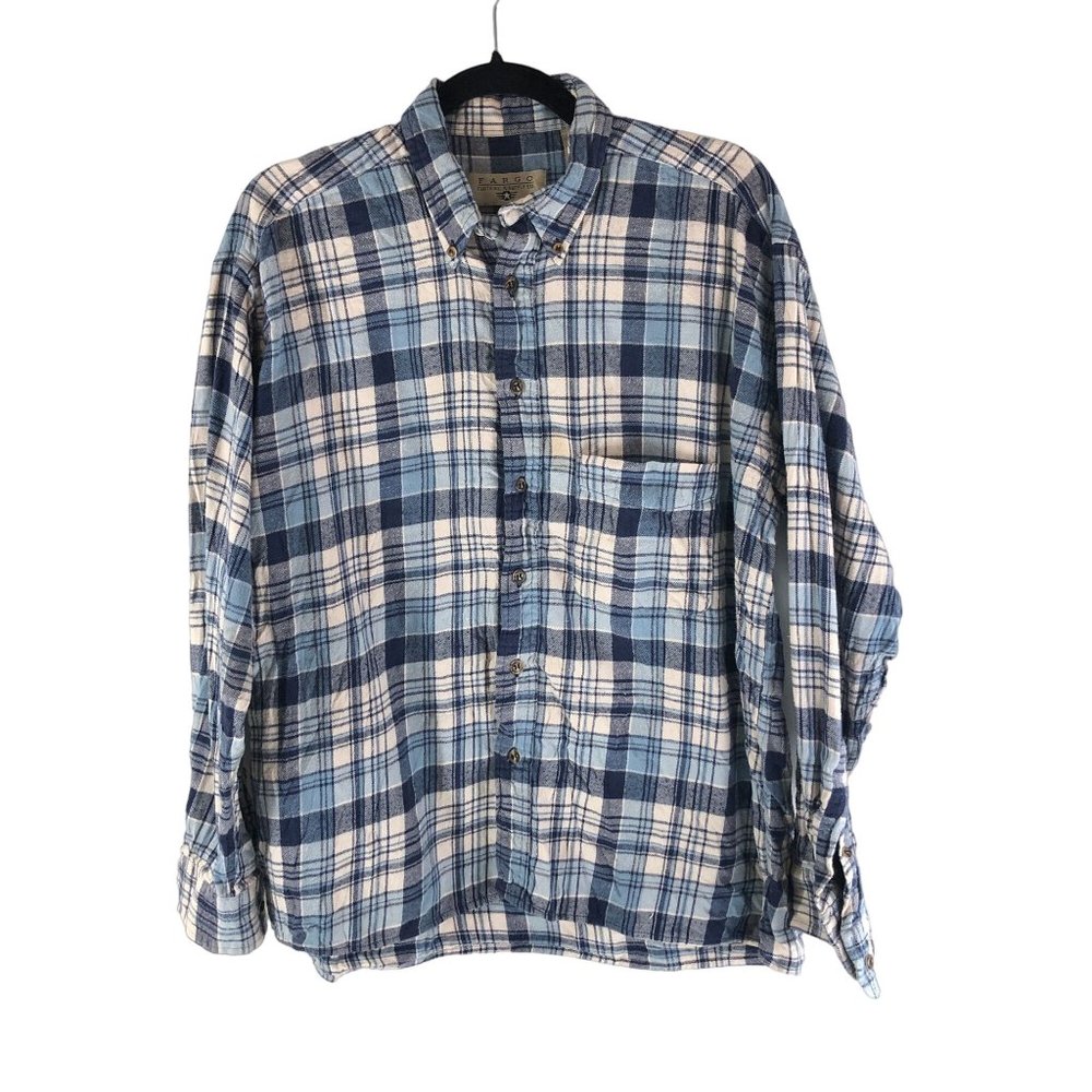 Fargo Mens Flannel Shirt Vintage Cotton Button Down Plaid Pocket White Blue M